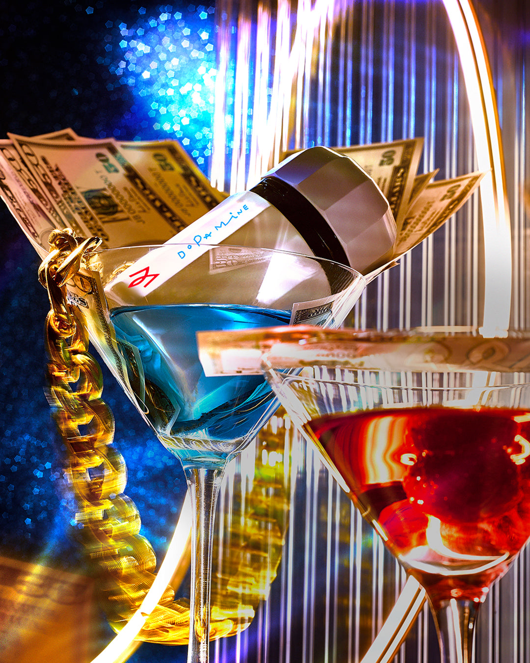 Ramon Monegal Dopamine campaign visual with cocktail glasses