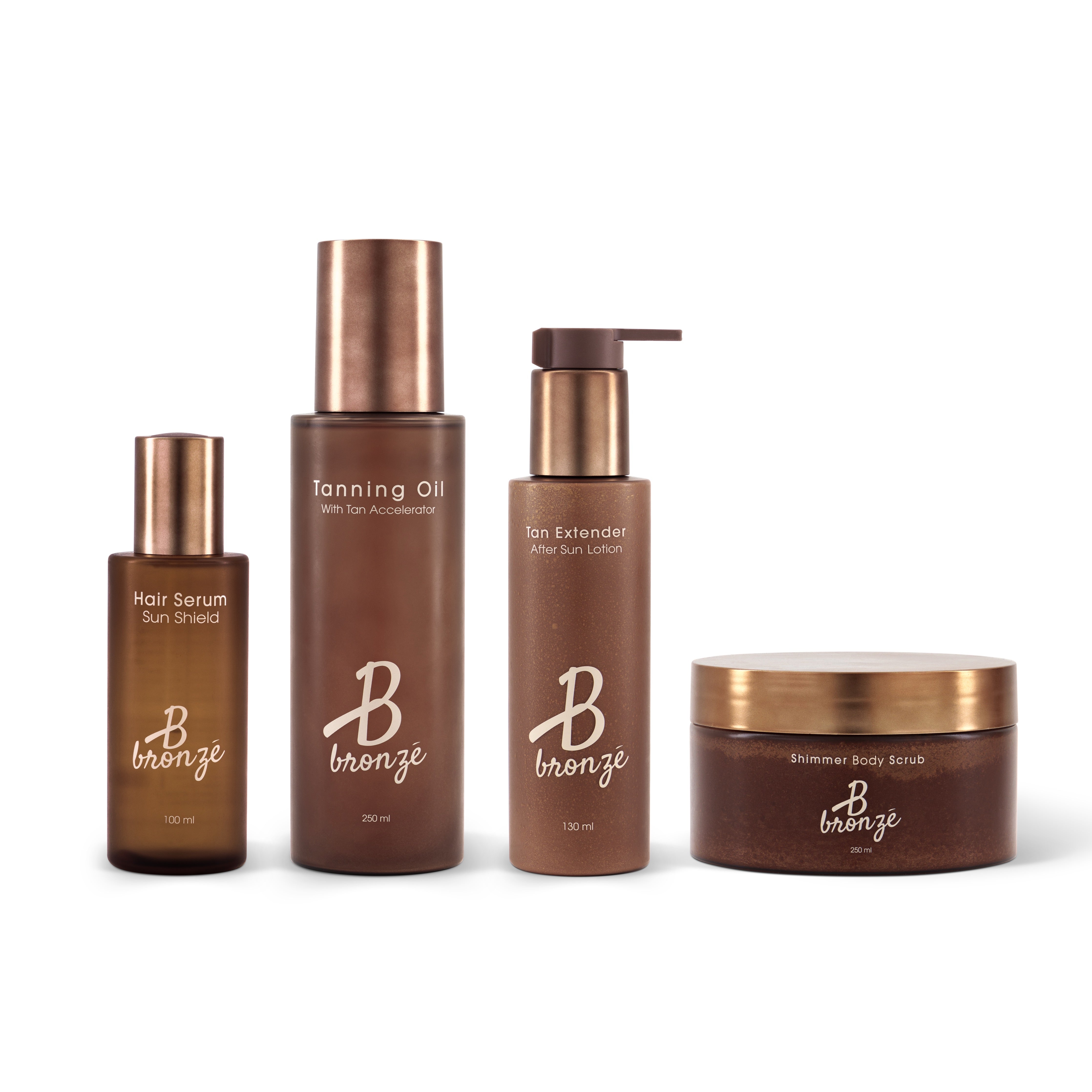 B Bronzé sun care collection: Hair Serum, Tanning Oil, Tan Extender and Shimmer Body Scrub