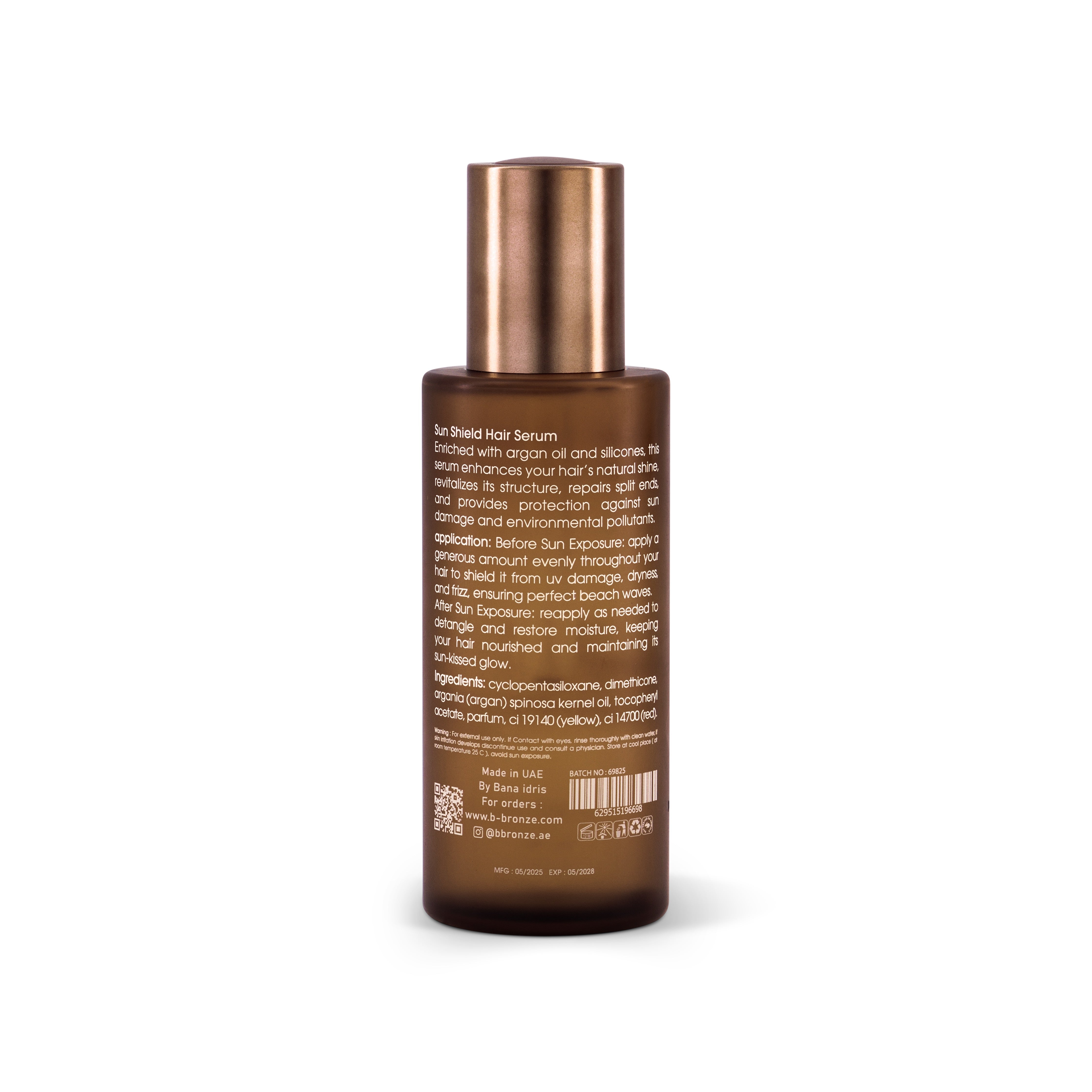 B Bronzé Sun Shield Hair Serum back label with directions and ingredients