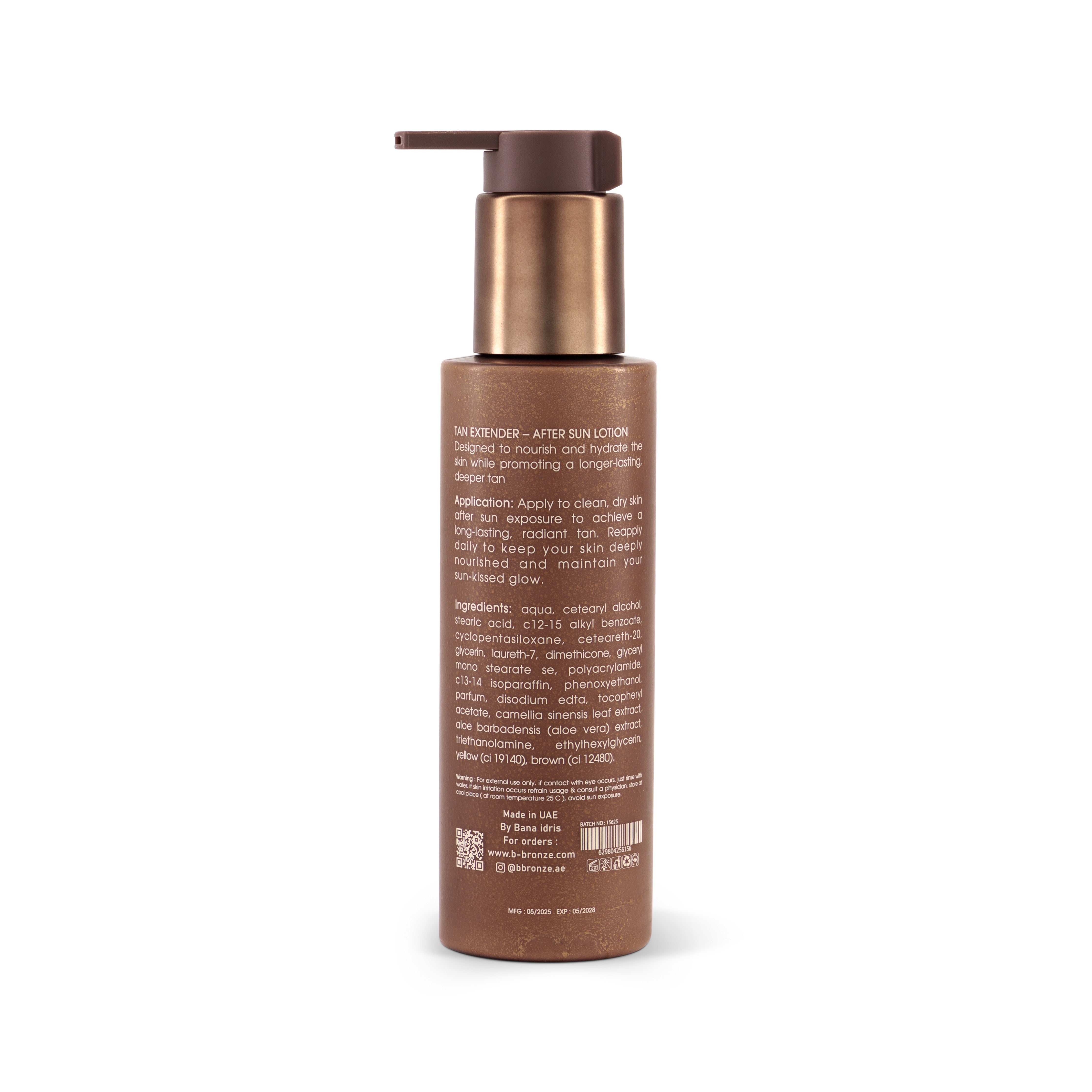 B Bronzé Tan Extender After Sun Lotion back label with directions and ingredients