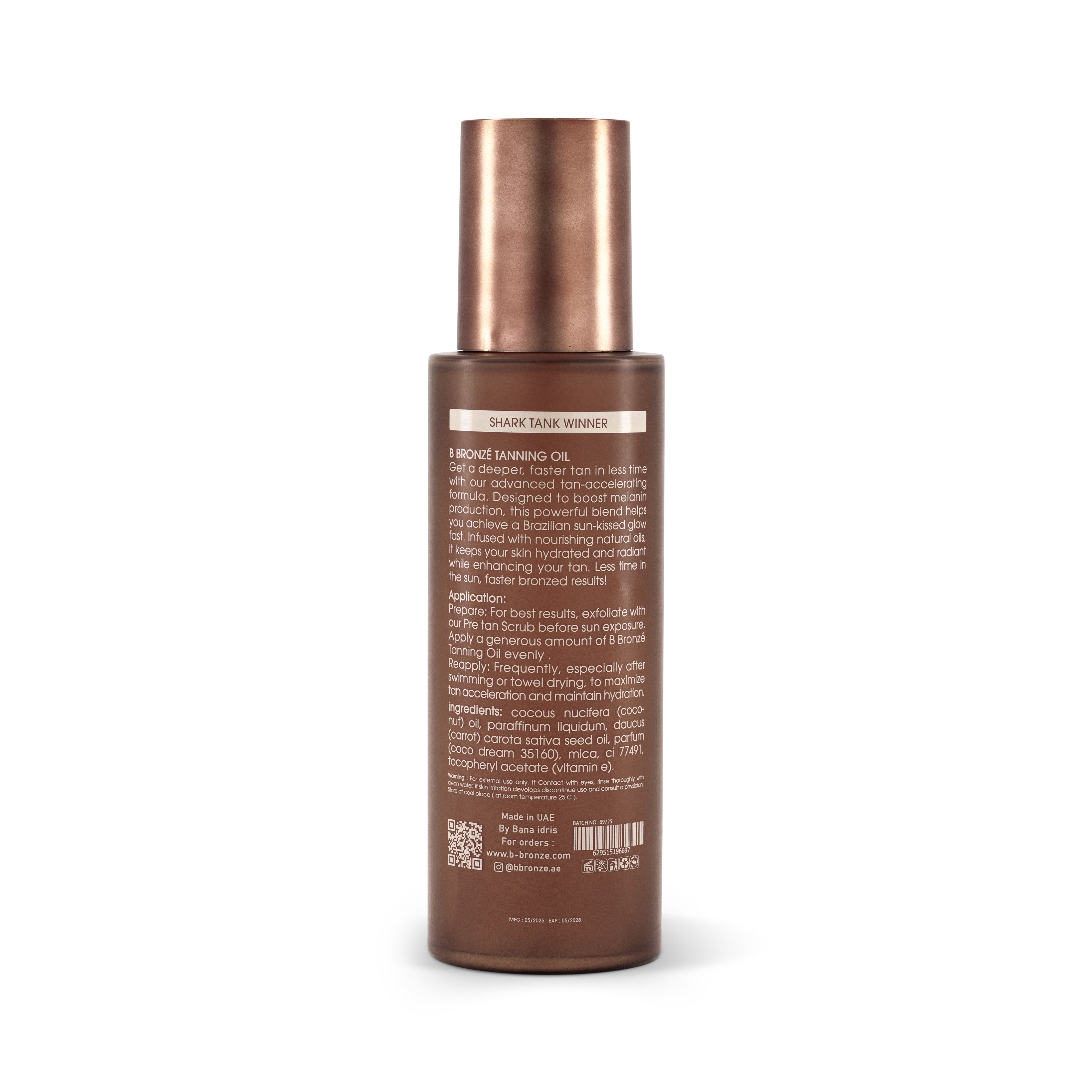 B Bronzé Tanning Oil back label with Shark Tank Winner banner, directions and ingredients